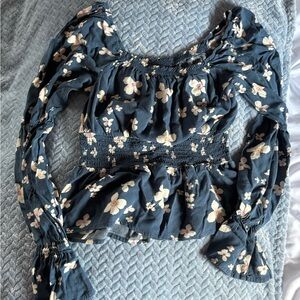 Floral Smocked Women's Top - Blue and Cream